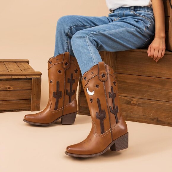 Girls Cowboy Boots Cowgirl Western Boots with Low Heel Square Toe for Little Kid - Picture 2 of 5